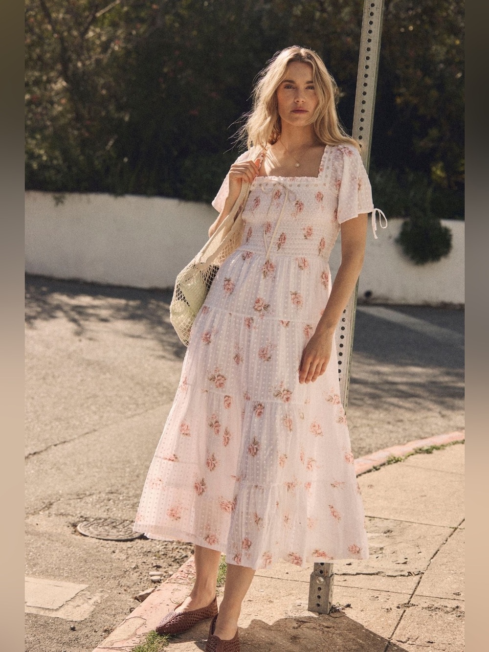 Eileen West Rosalie Venice Rose Cotton Swiss Dot Cotton Smocked Maxi Dress XS